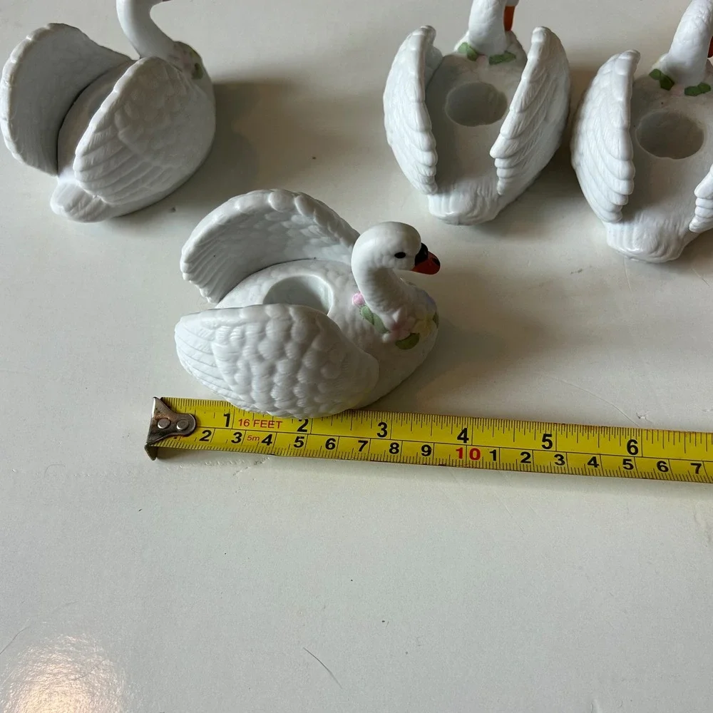 Schmid 1989 Vintage White Ceramic Swan Candle Holders Set of 4 Floral Accents